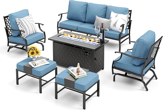 Patio Furniture Set, 6 Pcs Metal Outdoor Conversation Set, 2 Rocker Chairs, 2 Ottomans and 3 Seater Sofa with 5.75" Extra Thick Cushion and Gas Fire Pit Table, Navy Blue