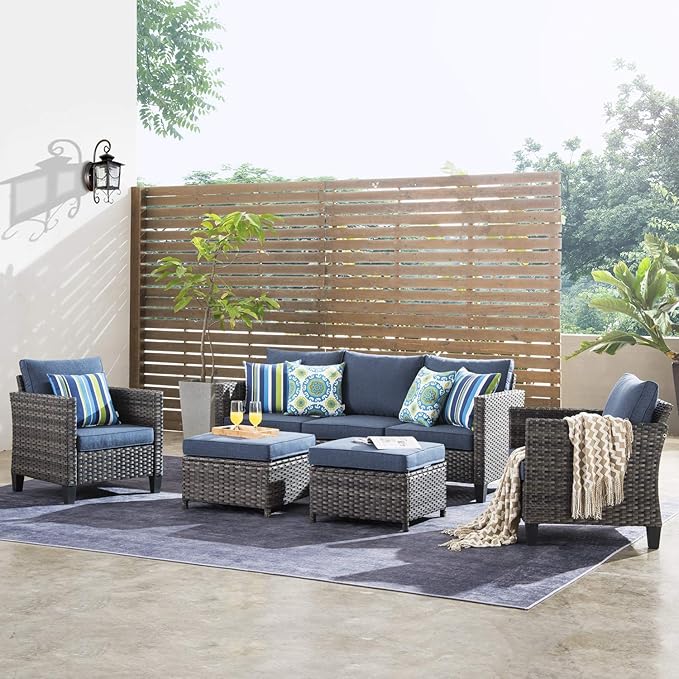ovios Patio Furniture Set, 5 Pieces Outdoor Wicker Sofa Couch with Chairs, Ottomans and Comfy Cushions, All Weather High Back Rattan Conversation Set, Denim Blue