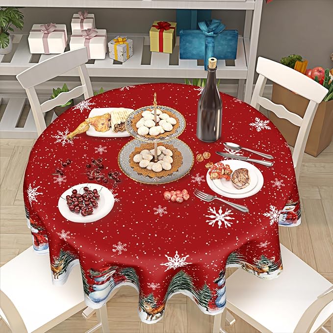 Giwawa Christmas Red Round Tablecloth 60 Inch Snowman Winter Snowflake Reindeer Decorative Table Cloth Polyester Fabric Washable Table Cover for Holiday Family Gathering Dining Party