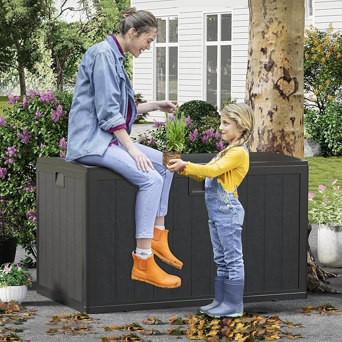 130 Gallon Outdoor Storage Box, Waterproof Deck Box, Lockable Storage Bin, Suitable for Patio Furniture, Pool Accessories, Gardening Tool, Faux Wood Grain Black