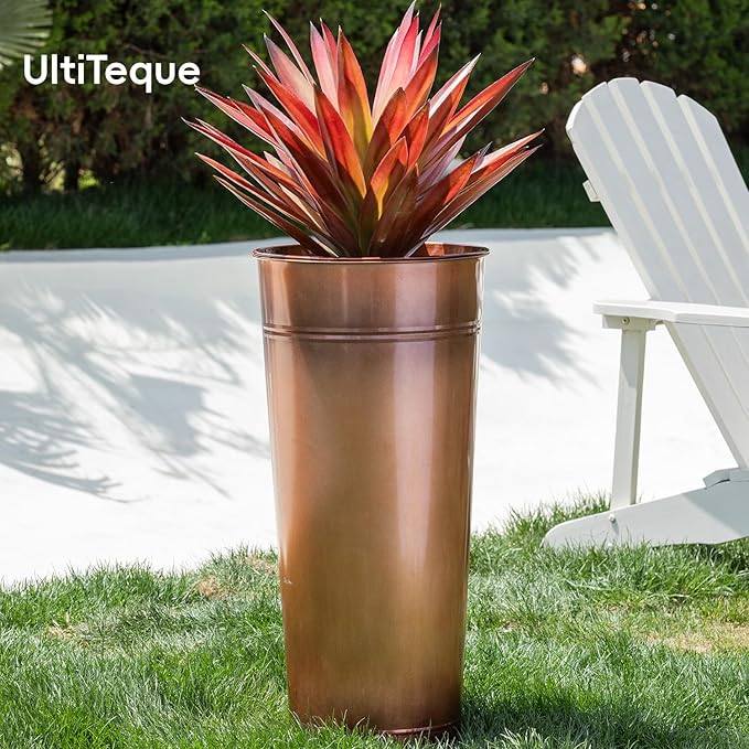 28in Tall Copper Planters Set of 2,Galvanized Steel Tall Outdoor Planter for porches/Indoor/terraces Patio- Copper Color(2planters,2inner pots with Holes, 2trays)