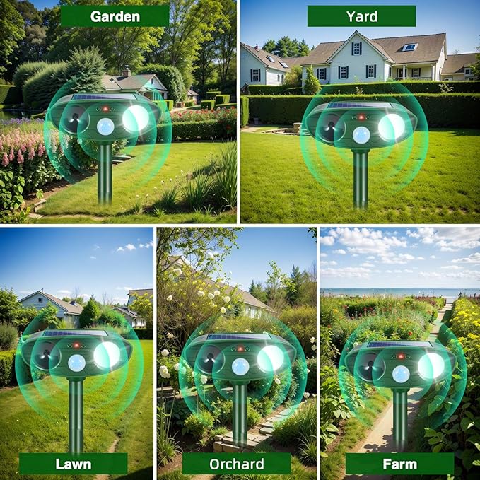 4Pack Solar Ultrasonic Animal Repellent Outdoor Deer Repellent Devices with Motion Detection&Flash Light Squirrel Rabbit Dog Cat Deterrent,Keep Rodent Chipmunk Raccoon Away for Yard Garden Lawn 2025