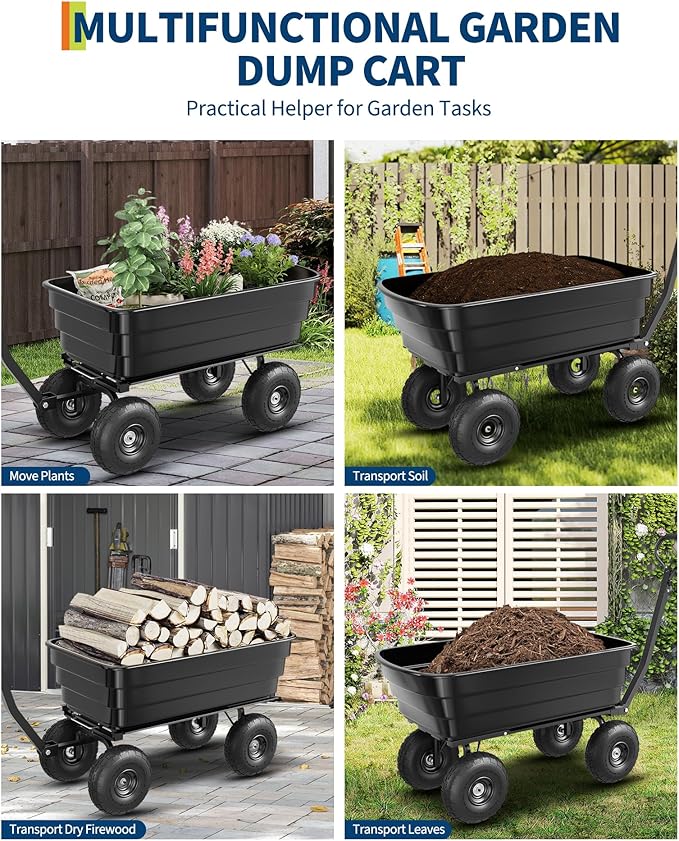Poly Dump Cart - Heavy Duty 1200lbs Garden Cart with Quick-Release Dumping & No-Flat 13" Tires, Utility Wagon for Yard Work, Landscaping, Gardening