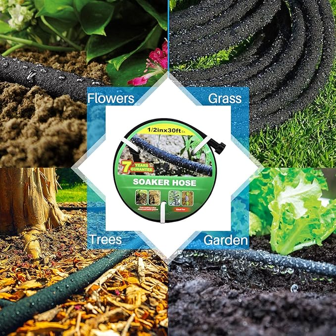 Taisia 1/2’’ Soaker Hose 30 FT Water Drip Garden Hose Drip Irrigation Hose Saves 70%Water Heavy Duty Rubber Round Soaker Hose for Garden, Lawn