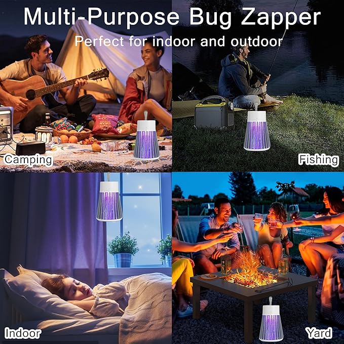 Bug Zapper Portable Camping Outdoor, Cordless Mosquito Zapper, Rechargeable Indoor Fly Zapper, Mosquito Repellent with Safety Grid, USB Charging Mosquito Killer for Indoor/Outdoor, Grey