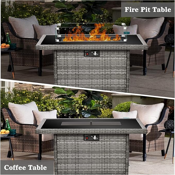 Propane Fire Pit Table,44 Inch 55000 BTU Outdoor Gas Fire Pit Rectangular with Glass Wind Guard for Outside Patio Deck (Gray-Glass Top)