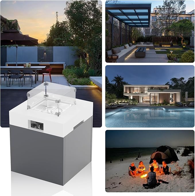 MBY 22" Aluminum Fire Pit Table, 37,000 BTU Gas Firepit for Outdoor Patio Deck and Garden, CSA Certified Fire Pit with Lid, Waterproof Cover, Glass Wind Guard and Glass Stone, White
