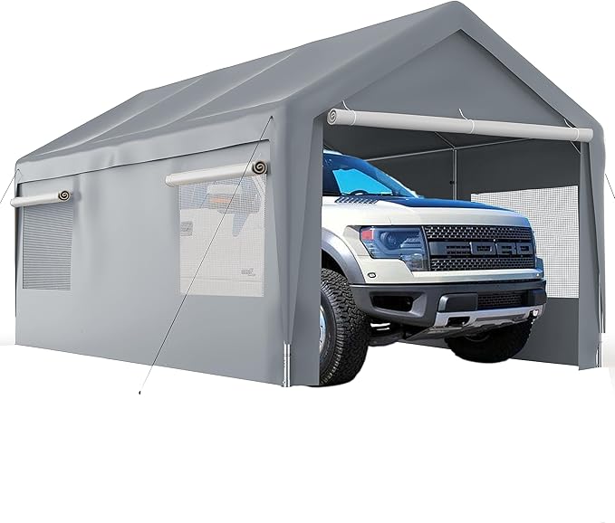 10'x20' Heavy Duty Carport, Garage Car Canopy, with Roll-up Ventilated Windows, Car Shelter w/Side Tarps for Car, Truck, Boat,Gray
