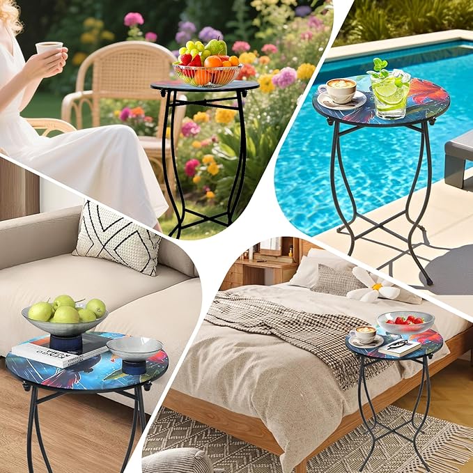 Outdoor Side Tables for Patio, 21" High Round End Table, Weather Resistant Metal Patio Accent Table Indoor and Outdoor End Table for Yard, Garden, Living Room, Bistro, Halloween (Hummingbird)