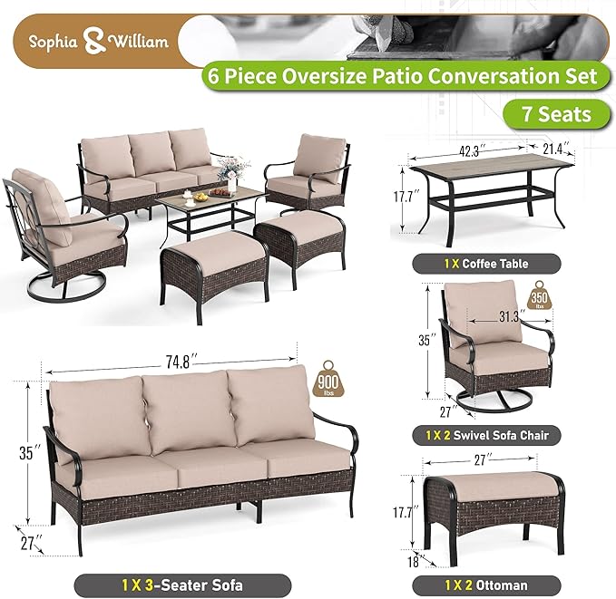 Sophia & William Patio Furniture Set, Outdoor Metal Conversation Set 7 Seats with 3-Seater Sofa, 2 Swivel Chairs, 2 Ottoman, 1 Coffee Table for Seating Lawn Porch Backyard,Beige