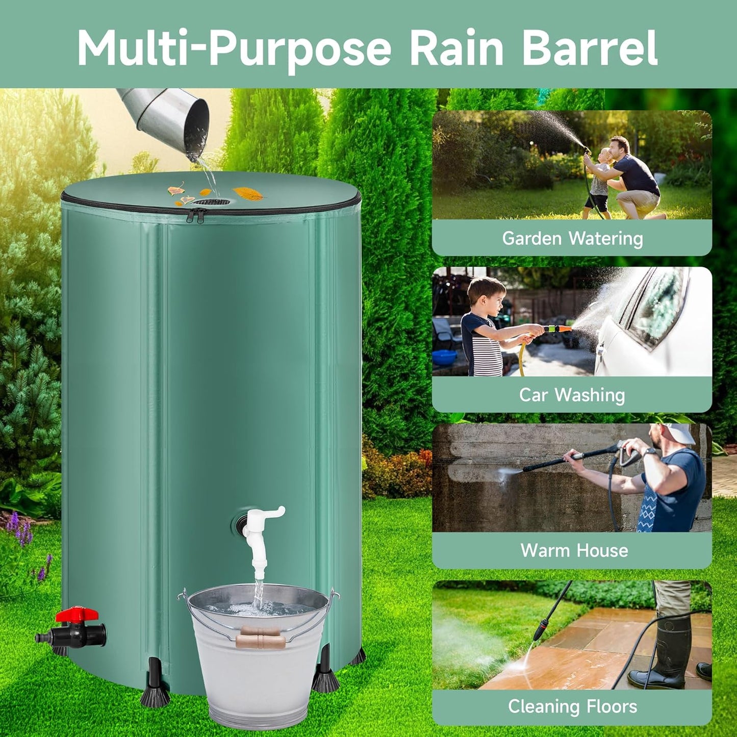 Collapsible Rain Barrel Water Storage Containers-100 Gallon Portable Rainwater Collect System Water Tank to Collect Rainwater from Gutter Downspout Water Catcher with Spigots,Filter&Overflow Kits