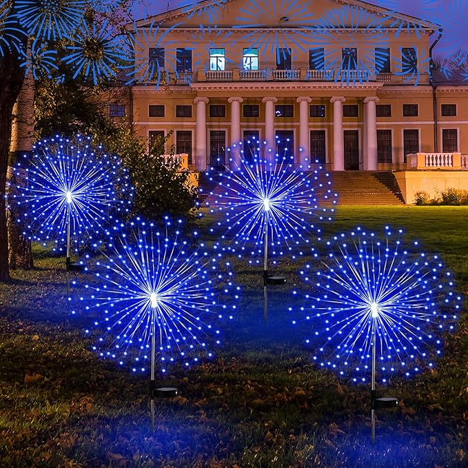 4 Pcs Halloween Solar Lights Outdoor Christmas Firework Light 180 LEDs 8 Modes Waterproof Sparkler Yard Decoration Stake Landscape Decorative for Garden Driveway Walkway Pathway Lawn (Blue)