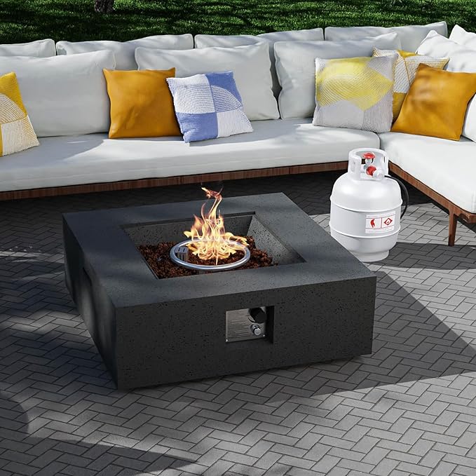 SUNBURY Outdoor Fire Pit, 35" Square Propane Gas Patio Fire Table 50,000 BTU Concrete Travertine Design, CSA Certified, Low Firepit Table with Lava Rocks, Waterproof Cover (Grey)