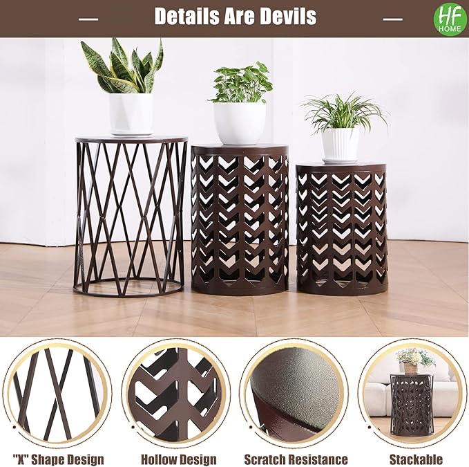 HFHOME Set of 3 Metal Side End Tables Nightstand, Nesting Round Coffee Table for Indoor Outdoor, Heavy Duty Metal Plant Stand for Living Room Garden Stool - Pure Brown (Ship from US)