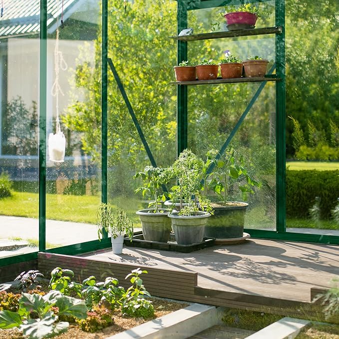 VINGLI Greenhouse, 6x10 FT Heavy Duty Polycarbonate Greenhouse with 5 Roof Vents, Aluminum Frame, Sliding Doors, Green