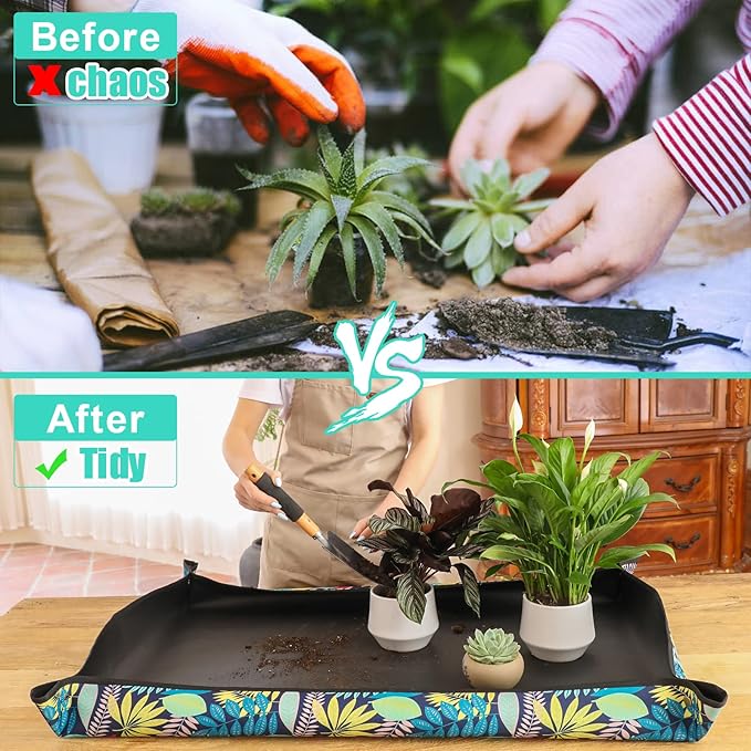 Oxford Houseplants Repotting Mat, Waterproof Indoor Plant Potting Tray, Foldable Bonsai Repotting Pad, Printed Soil Mess Workspace Cloth for Succulent, Cactus, Aloe Vers, 29.5 x 29.5