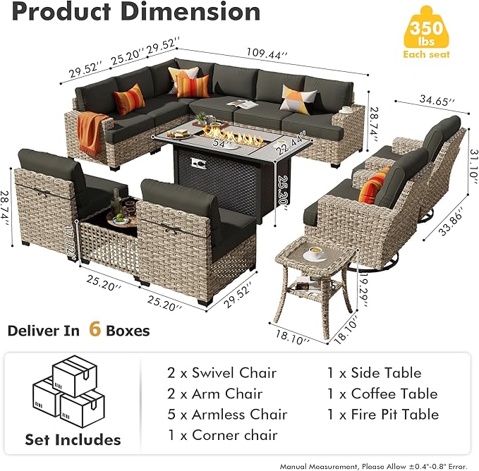 HOOOWOOO Outdoor Sectional Patio Furniture Set with Fire Pit Table,13 Pieces Wicker Conversation Sets L Shaped Couch,Extra Deep Out Door Sofa Outside Furniture with Swivel Chairs,Black