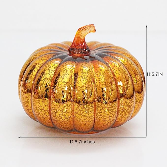 Mercury Glass Pumpkin Lights with Timer, Battery Operated Led Pumpkin Lights for Halloween Fall,Thanksgiving Rustic Decor (Gold Common, 6")