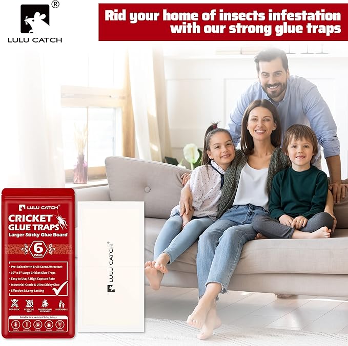 LULUCATCH Cricket Insect Glue Traps - 6 Pack Bug Cockroach Sticky Traps, Large Spider Trap with Pre-Baited Attractant, Highly Effective Glue Boards Indoor, Non-Toxic Pet Safe Pest Control