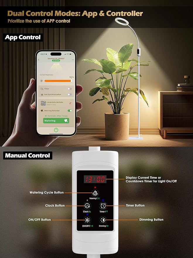 Smart Grow Lights for Indoor Plants,24W Plant Light with Auto-Timer,Full Spectrum LED Grow Light, Adjustable Height & Stepless Dimming,Plant Assistant Suitable for Most Plants (White, 24W)