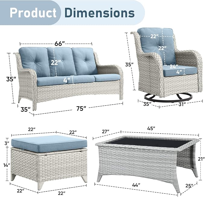 Wicker Outdoor Conversation Set-6 Pieces Outdoor Wicker High Back Couch with Swivel Rocker Chairs Patio Furniture for Deck Poolside Backyard-Light Grey/Light Blue