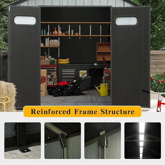 Domi 8x10FT Resin Outdoor Storage Shed with Lockable Door, Waterproof Outside Sheds with Windows & Vents, Heavy-Duty Plastic Tool Storage Shed for Patio Furniture, Lawn Mower, Bike