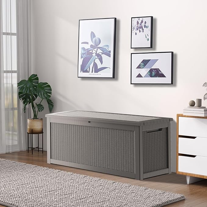 320 Gallon Waterproof Deck Box, Lockable Resin Storage Box for Patio Furniture Cushions Garden Tools and Outdoor Delivery Storage, Coffee