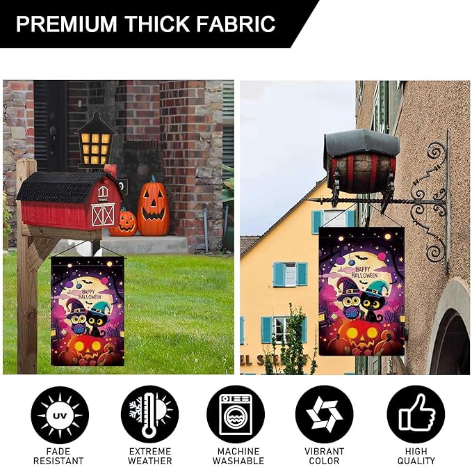 Cute Witch Owl & Black Cat Garden Flag Happy Halloween Flag Full Moonlight Ghost Pumpkin Bats Vertical Double Sided Rustic Farmland Burlap Yard Lawn Outdoor Decor 12.5x18"
