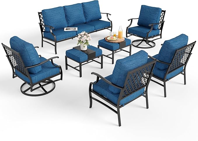 Patio Furniture Set 7 pcs, Outdoor Patio Furniture, 3-Seat Sofa, 2 Swivel Chairs, 2 Single Chairs, 2 Ottomans and 5.75" Extra Thick Cushion, Conversation Set for Deck,Gemstone Blue