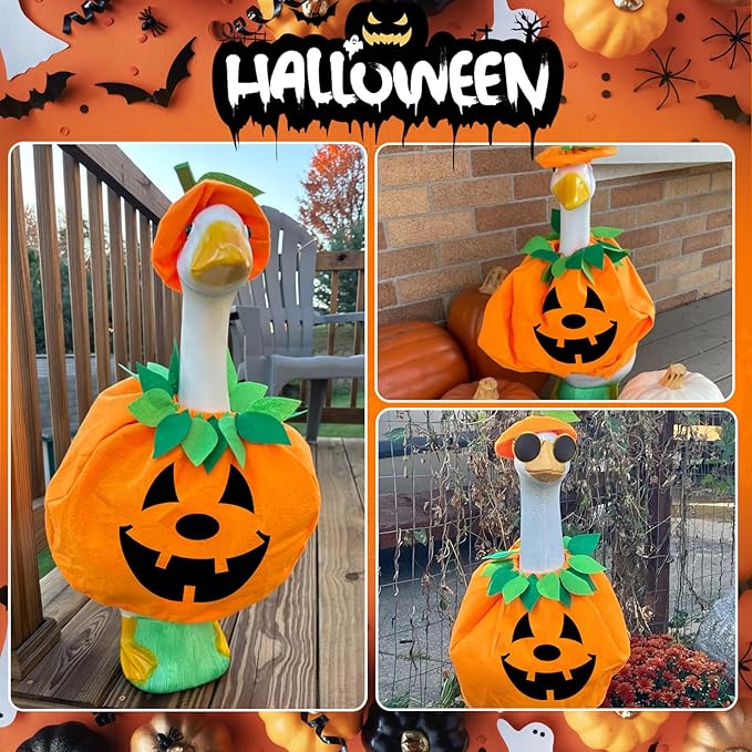 5 Pcs Halloween Porch Goose Outfits Pumpkin with Accessories Yard Garden Lawn Goose Clothes for Plastic Cement Goose Statue 23"Fall Pumpkin Porch Goose Costume set for Patio Outdoor Decoration