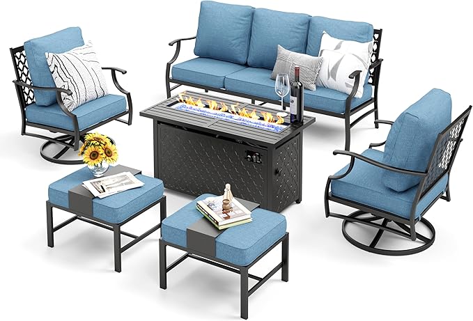 Patio Furniture Set, 6 Pcs Metal Outdoor Conversation Set, 2 Swivel Chairs, 2 Ottomans and 3 Seater Sofa with 5.75" Extra Thick Cushion and Gas Fire Pit Table, Navy Blue