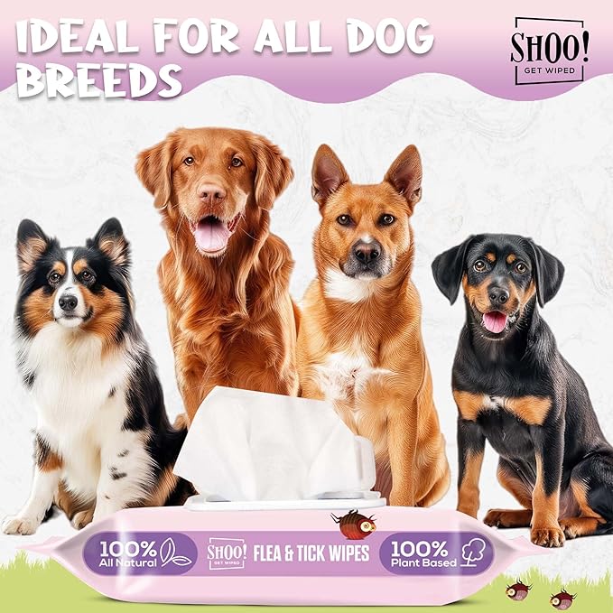 Shoo! Flea & Tick Wipes for Dogs | Convenient, Easy On-The-Go Protection | Plant Based, Natural Oils, Chemical Free | Repels & Prevents | 50 XL Wipes | (Floral Bliss)