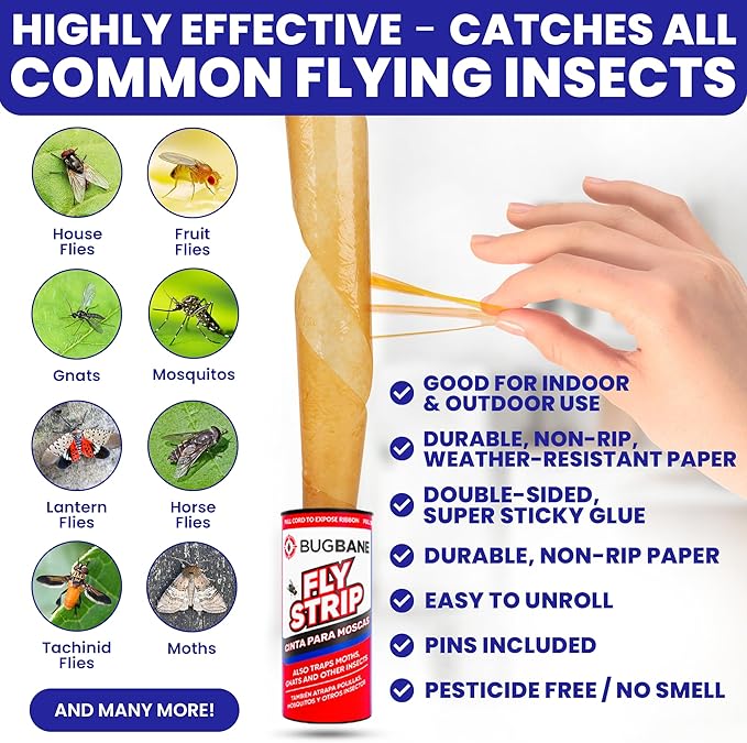 2 Fly Traps Outdoor Fly Trap for Patio with 4 Non-Toxic Dissolvable Bait Refills Plus 5 Sticky Ribbons. Reusable Hanging Bug Catcher Killer for All Filth Flies for Outside Bug Control Yard Ranch.