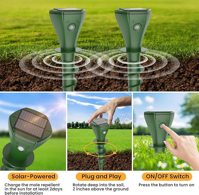 4 Pack Mole Repellent Solar Powered, IP65 Waterproof Snake Repellent for Yard, Ultrasonic Deterrent Outdoor, Rabbit, Skunk, Gopher, Groundhog, Chipmunk, Vole, Armadillo Repeller for Lawns Garden