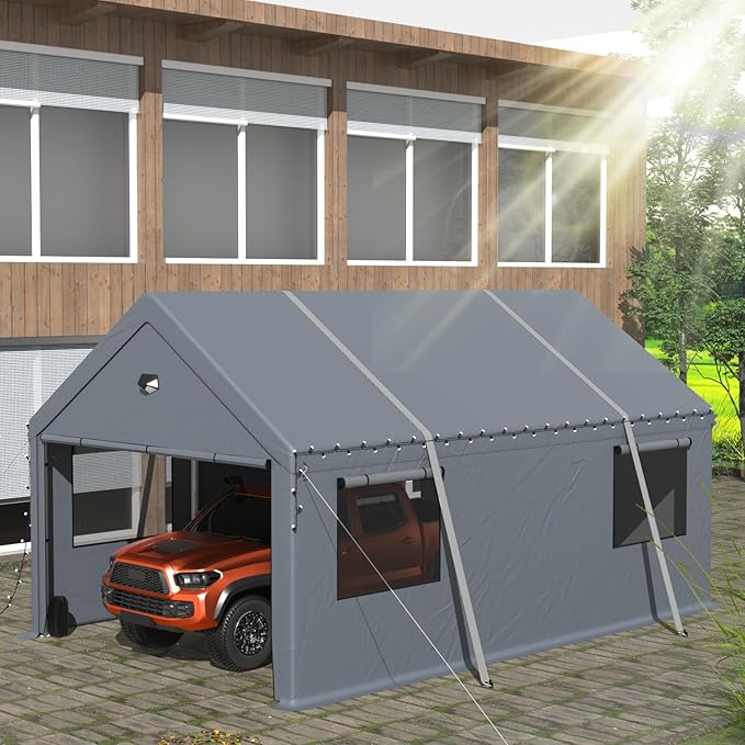 10x16FT Heavy Duty Carport Canopy,Extra Large Portable Car Tent Garage with Roll-up Windows and All-Season Tarp Cover,Removable Roof&Side Wall for Car, SUV,Boats&Truck Shelter Logic Storage