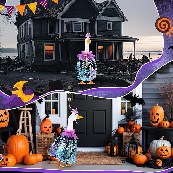 Princess Porch Goose Outfit Halloween Porch Goose Outfit Sparkly Rainbow Sequin Cape for 17" 23" Lawn Garden Yard Geese(Purple)