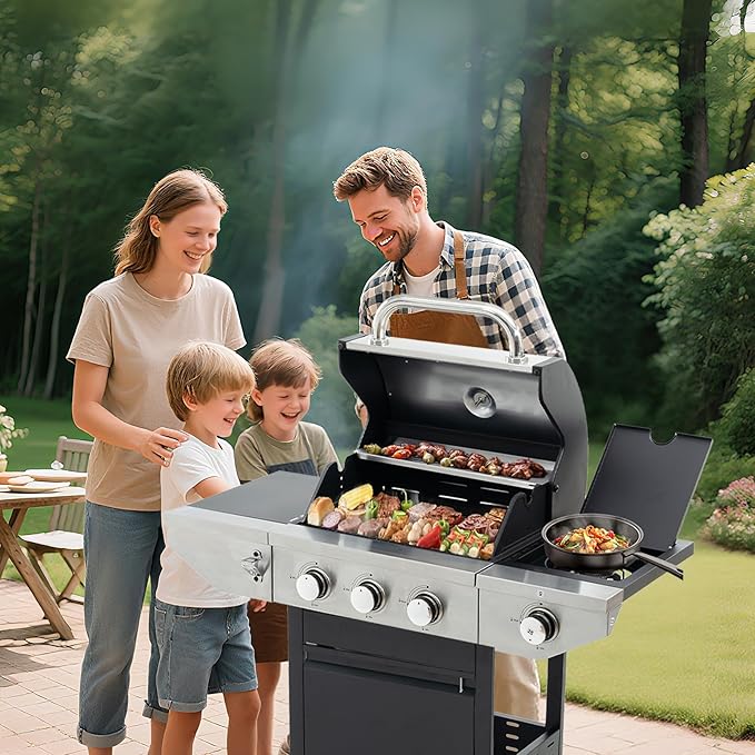 3-Burner Propane Gas BBQ Grill with Side Burner, Porcelain-Enameled Cast Iron Grates and Side Tables, 37,000 BTU Stainless Steel Grill for Outdoor Camping Barbecue Grilling Backyard Cooking