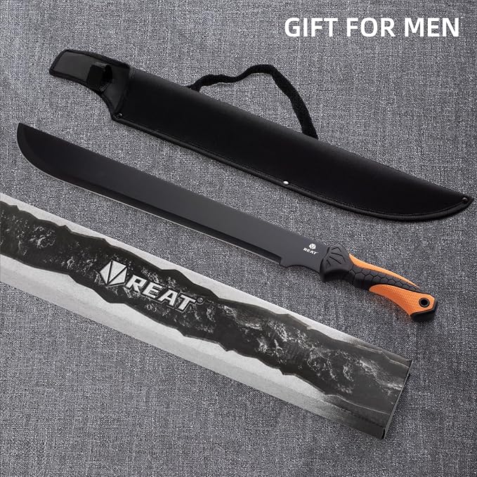 REAT Gardening Heavy Duty Machete,24" Full Tang Machete with Shaeth,Ergonomic No-Slip Handle,Machetes for Bushcraft, Outdoor Hunting, Garden Cutting Trees and Yard Work (Orange)
