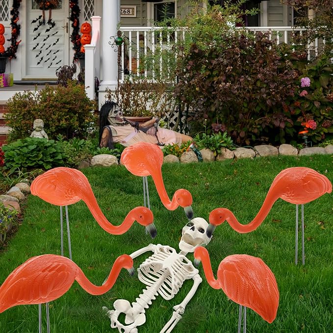 Geelin 12 Pcs Halloween Skeletons Flamingo Yard Decorations Skeleton Black Orange Flamingo Stakes for Halloween Lawn Garden Outdoor Party Decorations