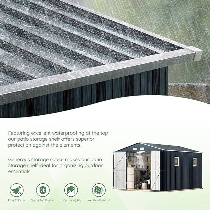 10X12X7.5 FT Outdoor Steel Storage Shed with Lockable Doors, 2 Windows, Transparent Roof Panels, Metal Frame Floor (Wood Panels Not Included), Ideal for Backyard, Patio Storage,Chicken Coop