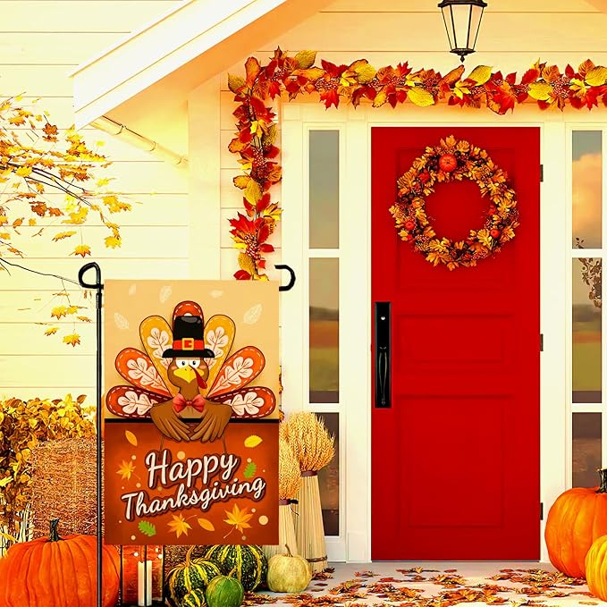Happy Thanksgiving Garden Flag Turkey Thankful Fall Yard Flag Autumn Happy Harvest Garden Flags Double Sided Yard Decorations Holiday Outdoor Flag 12x18 Inch