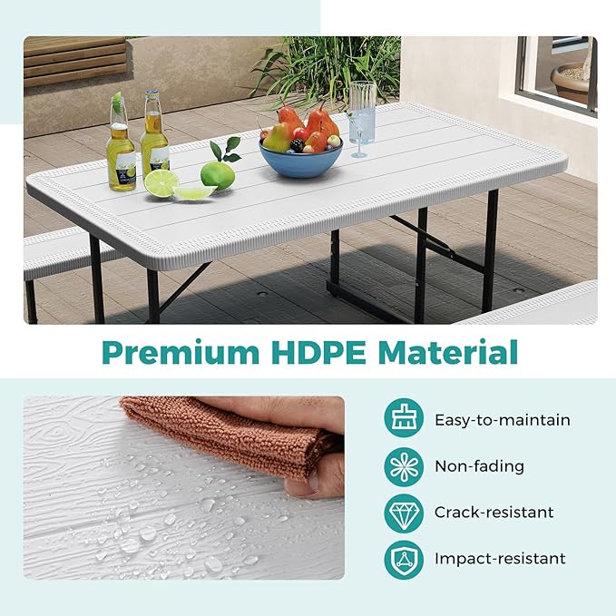 Giantex Picnic Table Bench Set for 4 People, 4.5FT Outdoor Rectangular Dining Table & 2 Benches w/Umbrella Hole, HDPE Tabletop, Metal Frame, Patio Garden Backyard Poolside (4.5FT,Non-Foldable,White)