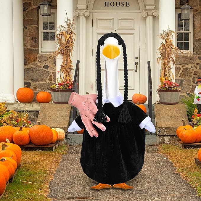Teemico Halloween Porch Goose Outfits Lawn Goose Clothes Fits 23" Cement Plastic Goose Statue Black Dress Fake Hand Braid Wig for Halloween Outdoor Garden Yard Patio Decor