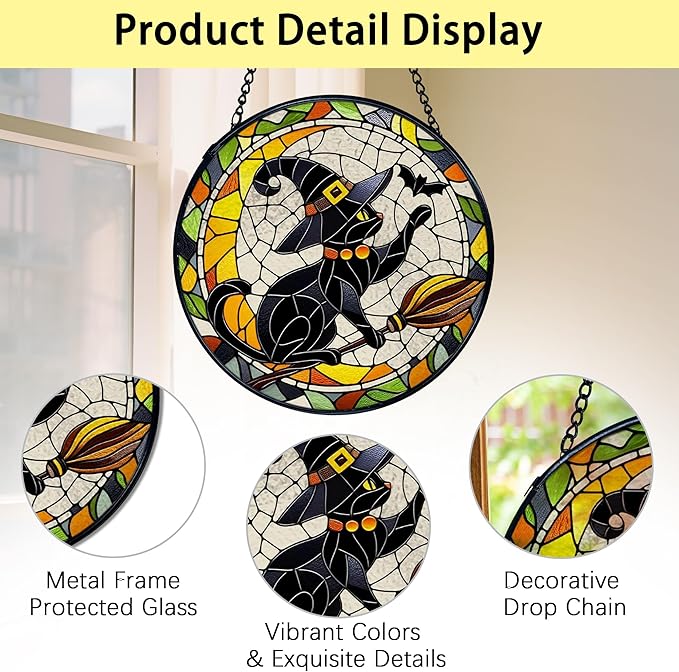 TNUW Halloween Black Cat Stained Glass Window Hanging, Gothic Witchy Black Cat Sun Catchers Indoor Window Glass Round Wall Art Decor, Halloween Wall Hanging Decorations, 7.9"x7.9"
