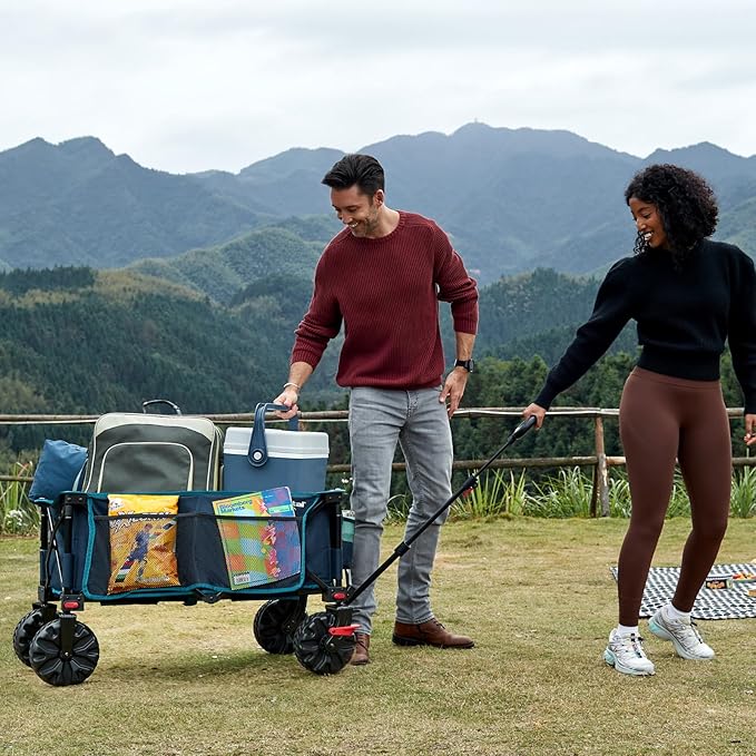 PORTAL Collapsible Wagon with Brakes, Heavy Duty Utility Cart with All-Terrain Wheels, Portable Folding Wagons for Camping, Beach, Garden, Shopping, and Groceries