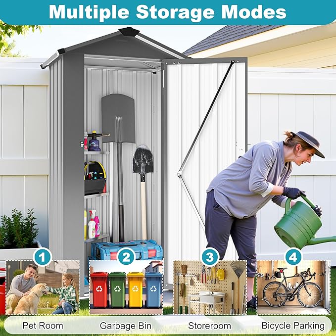 2.5x1.4 FT Outdoor Storage Shed, Metal Tool Shed with Lockable Doors & Peaked Roof, Galvanized Steel Garden Shed for Backyard Garden Patio Lawn, Black