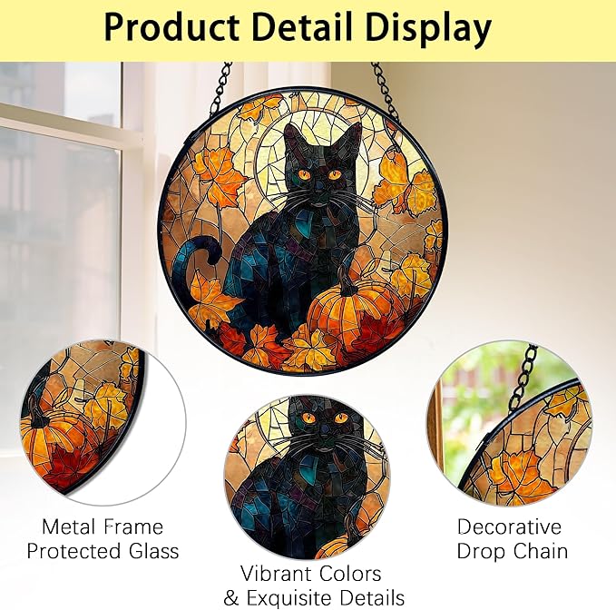 TNUW Fall Pumpkin Black Cat Stained Glass Window Hanging, Autumn Pumpkin Maple Leaf Black Cat Sun Catchers Indoor Window Glass Round Wall Art Decor, Rustic Fall Wall Hanging Decorations, 7.9"x7.9"