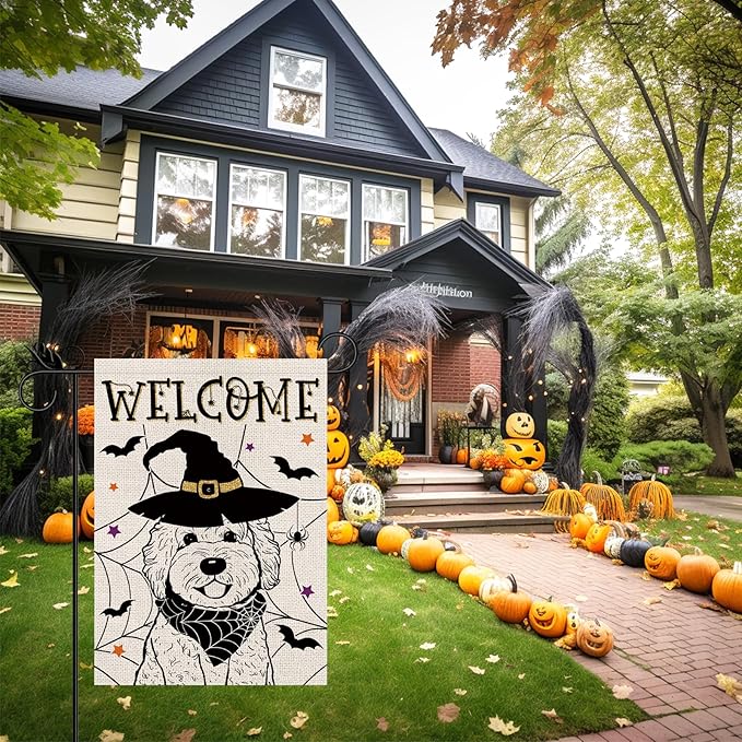 Halloween Garden Flag Golden Doodle Cobweb Bats Double Sided Vertical Welcome Flag Holiday Outdoor Yard Lawn Decorations 12.5 x 18 Inch