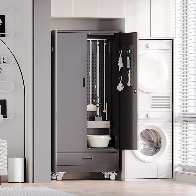 Broom Closet Storage Cabinet with Wheels and Drawer,Garage Storage Cabinet with Magnetic Doors,Pegboard and Adjustable Shelves for Garage Home Office,Required Assembly,Black