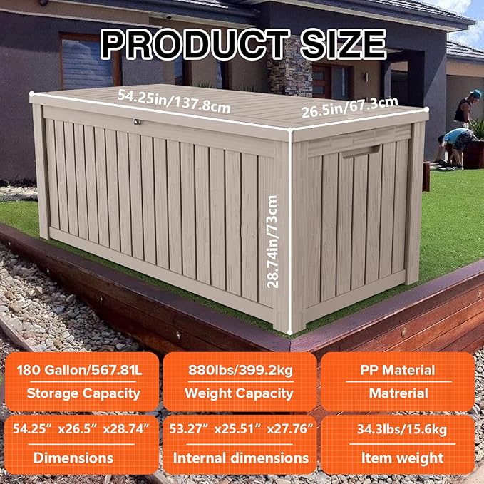 180GAL Brown Versatile Outdoor Deck Box - Waterproof, SGS - Tested UV Protection, Suitable for Various Storage Needs from Pool Accessories to Gardening Supplies